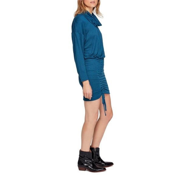 Free People Sundown Cowl Neck Ruched Mini Dress Dark Green Boho Long Sleeve - Picture 3 of 16